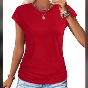 NWT SAMPEEL Red Ruched Cap Short Sleeve Crew Neck